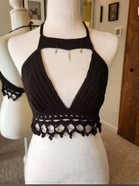 Black Crochet Halter Crop Top With Pendants